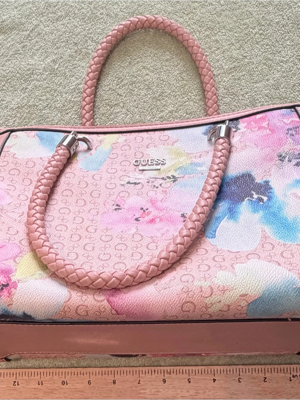 GUESS Pink Floral Logo Tote with Braided Handles